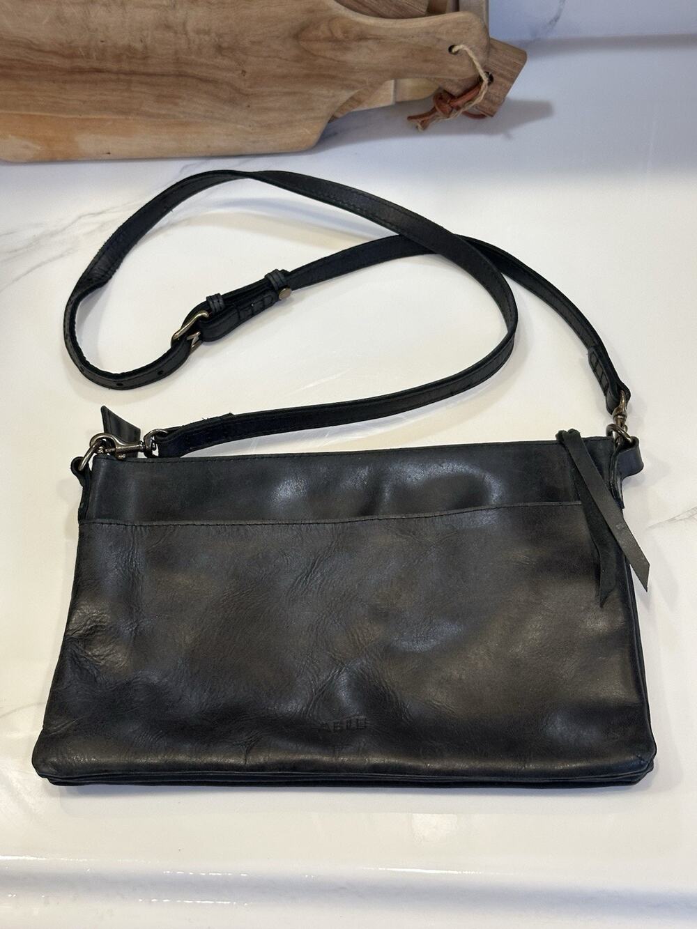 ABLE Black Leather Crossbody Bag Three Compartments Minimalist Classic Designer